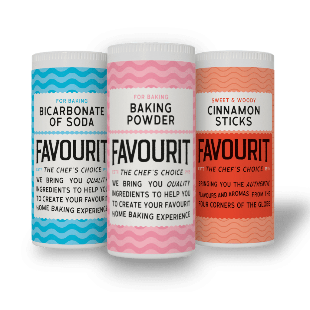 Three Favourit brand spice containers: bicarbonate of soda, baking powder, cinnamon sticks, each with colorful wavy label designs.