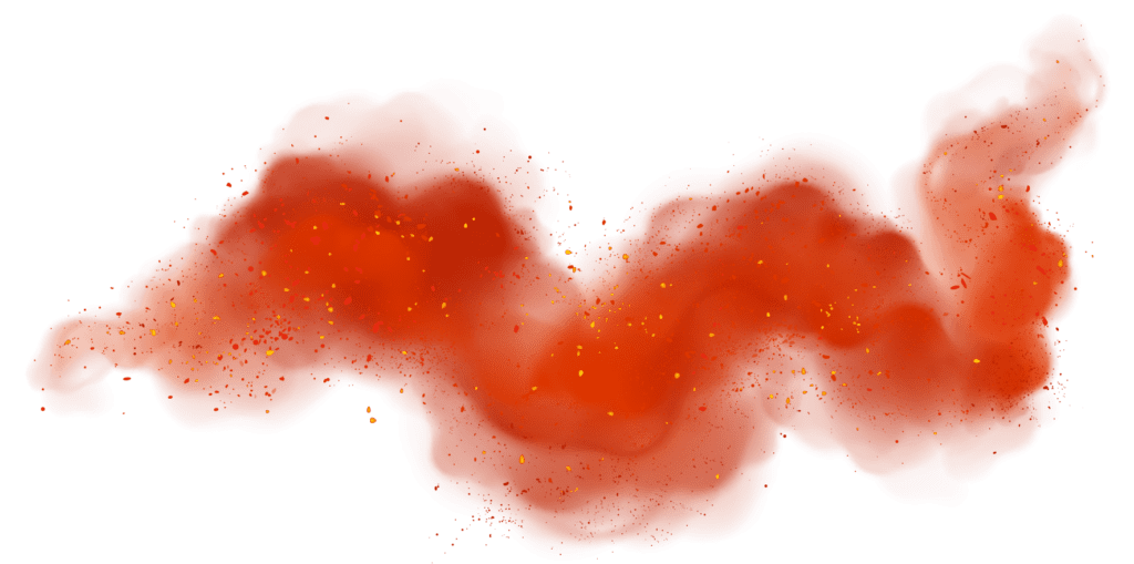 Abstract red-orange smoke or cloud formation on a white background, with specks of yellow resembling sparks.