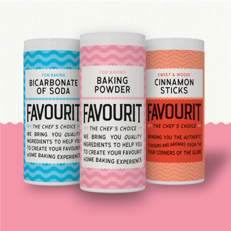 Three cylindrical containers labeled "Bicarbonate of Soda," "Baking Powder," and "Cinnamon Sticks" with the brand "Favourit," designed in white, pink, and orange themes.