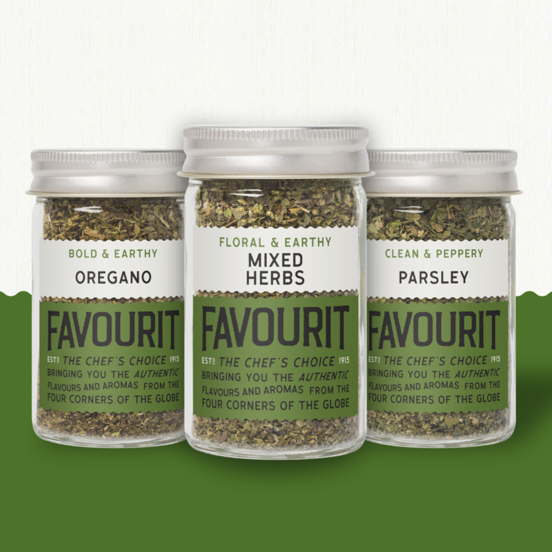 Three spice jars labeled: Oregano (Bold & Earthy), Mixed Herbs (Floral & Earthy), and Parsley (Clean & Peppery) on a green background.