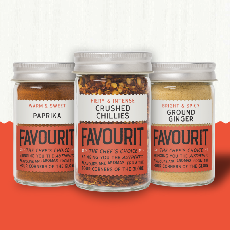 Three spice jars labeled: Paprika, Crushed Chillies, and Ground Ginger, with descriptions "Warm & Sweet," "Fiery & Intense," and "Bright & Spicy.