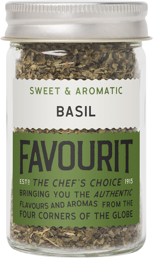 A glass jar of Favourit brand basil labeled "Sweet & Aromatic." The label claims it brings authentic flavors from around the globe.