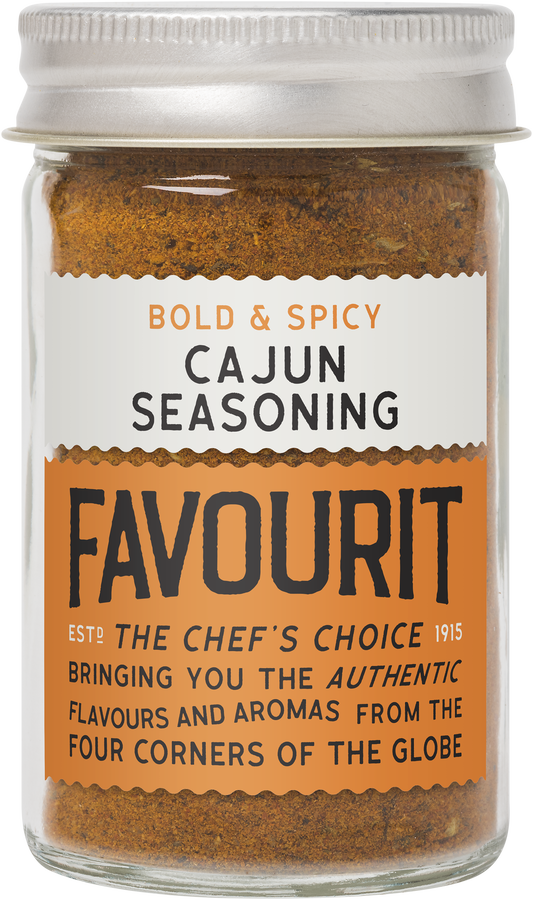 Jar of Favourit Cajun Seasoning labeled "Bold & Spicy," promising authentic flavors and aromas.