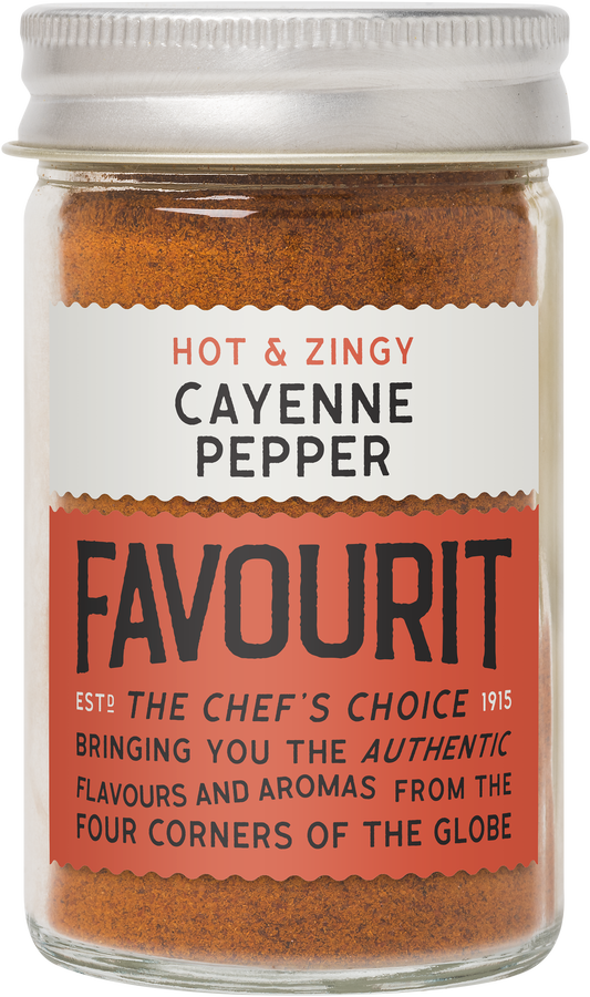 A jar labeled "Favourit" filled with cayenne pepper. The label describes it as "Hot & Zingy" and "The Chef's Choice," emphasizing authenticity and global flavors.