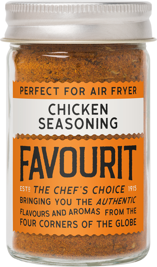 Jar of Favourit chicken seasoning labeled for air fryer use, with orange and white packaging.