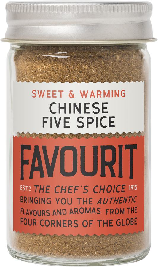 Glass jar of Favourit Chinese Five Spice with a red and white label stating "Sweet & Warming" and "The Chef's Choice 1915" highlighting authentic flavors and aromas.