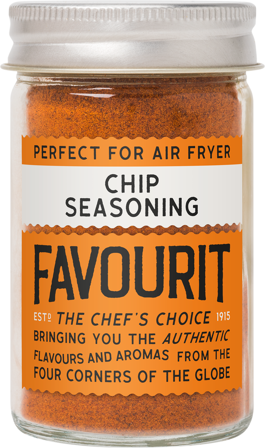 Jar of "Favourit" chip seasoning labeled for air fryer use, featuring spices and herbs, established 1915, with text highlighting authentic global flavors.