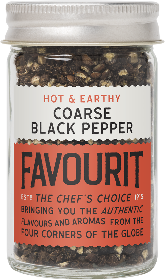Glass jar of coarse black pepper labeled "Favourit," described as "Hot & Earthy.