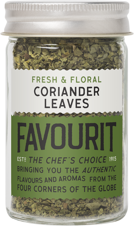 Jar labeled "Favourit" containing dried coriander leaves with text highlighting freshness and authenticity.
