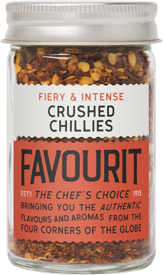 A jar of Favourit crushed chillies labeled "Fiery & Intense," described as "The Chef's Choice," offering authentic global flavors.