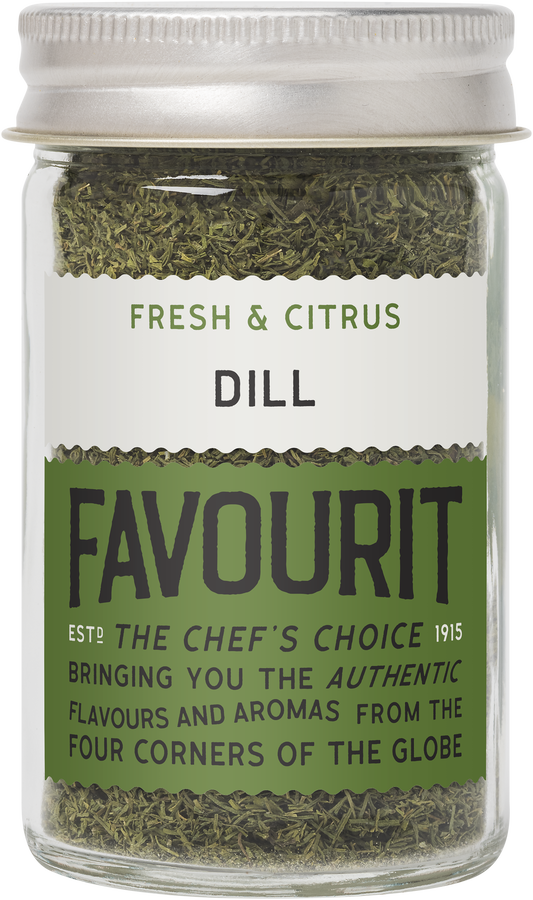 Jar of dried dill labeled "Favourit," with text "Fresh & Citrus Dill" and "The Chef's Choice 1915.