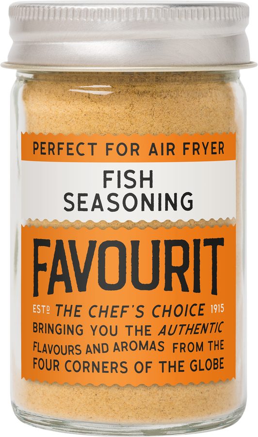 A jar labeled "Favourit Fish Seasoning," noting it's suitable for air fryers and emphasizes authentic flavors from around the globe.