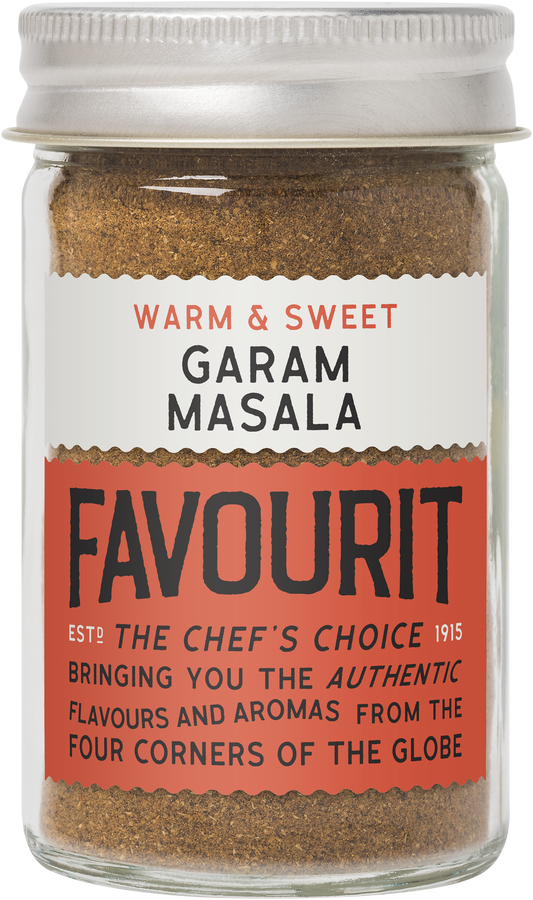 Jar of Favourit brand garam masala with text: "Warm & Sweet. Bringing you authentic flavours and aromas from the four corners of the globe.