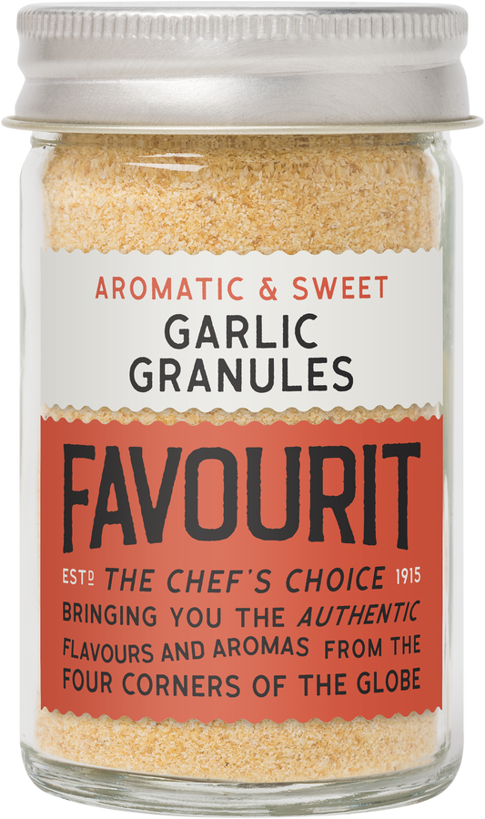Jar of Favorit brand aromatic and sweet garlic granules.