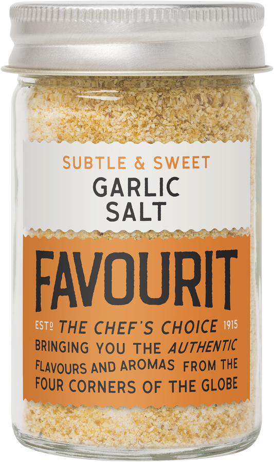 Jar of Favourit garlic salt with "Subtle & Sweet" label. Described as the chef's choice with authentic flavors from around the globe.