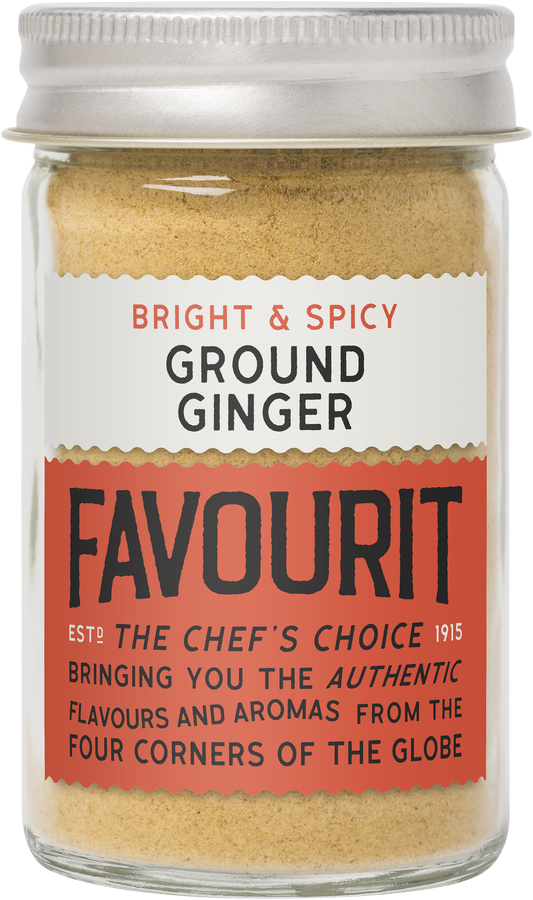 A jar of Favourit ground ginger with a red label displaying "Bright & Spicy" and "The Chef's Choice.