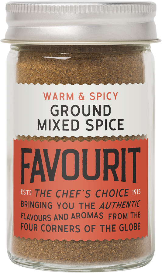 A glass jar labeled "Favourit," containing warm and spicy ground mixed spice. The label emphasizes authenticity and global flavors.