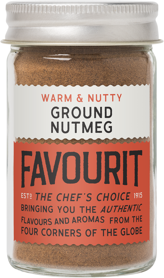 Jar of "Favourit" ground nutmeg with a red and white label, described as "Warm & Nutty." Claims to bring "authentic flavours and aromas from the four corners of the globe.