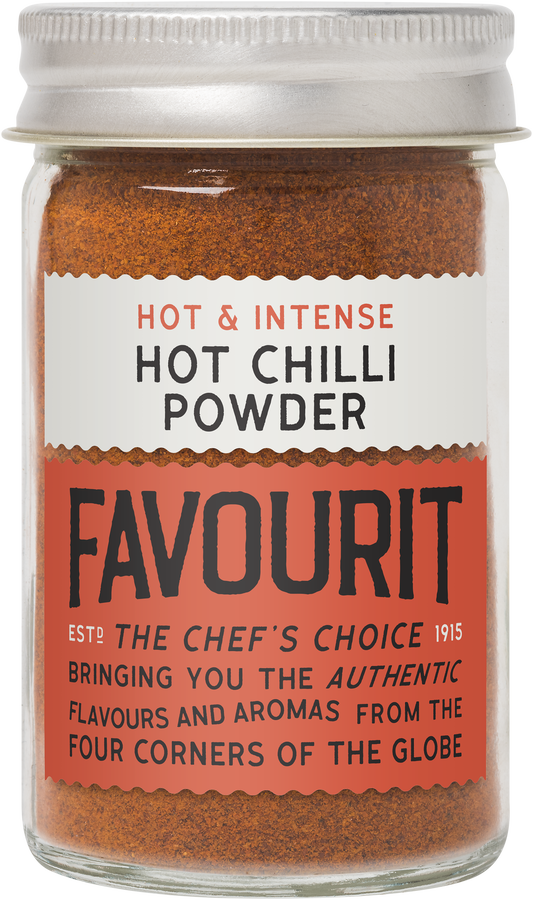 Jar of "Favourit" brand hot chili powder with a red label, featuring text about authenticity and flavor from around the globe.