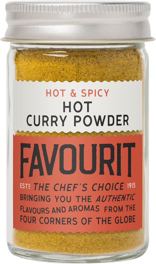 A jar of Favourit Hot and Spicy Curry Powder with a red label detailing authentic flavors from around the globe.