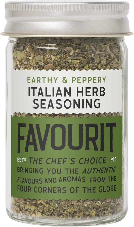 Jar of "Favourit" Italian Herb Seasoning labeled as "Earthy & Peppery.