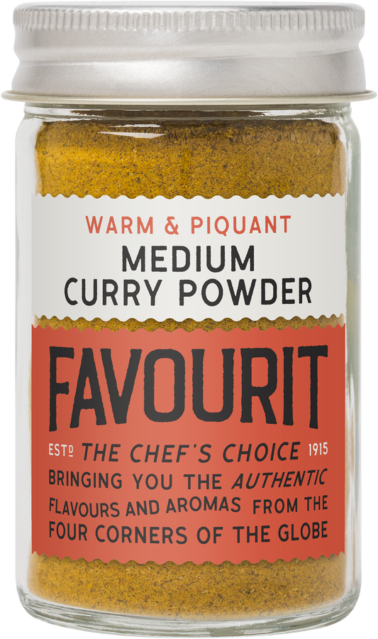 Glass jar labeled "Favourit Medium Curry Powder," featuring bold text and emphasizing authentic flavors.