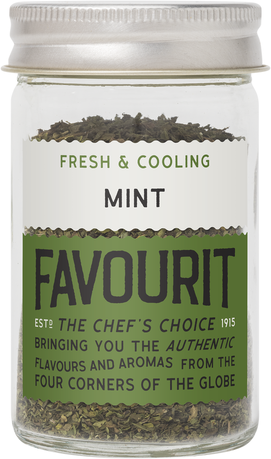 Glass jar labeled "Favourit Fresh & Cooling Mint," containing mint leaves.