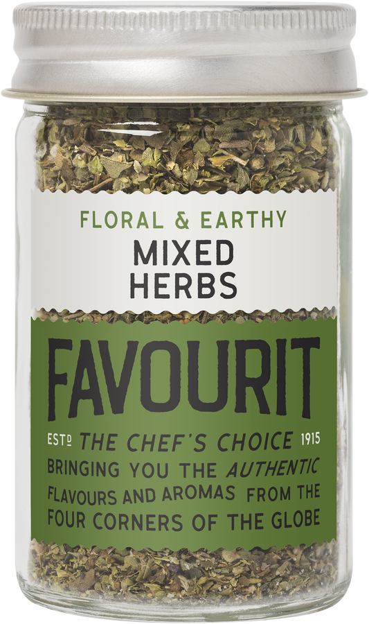 Jar labeled "Floral & Earthy Mixed Herbs" with "Favourit" brand. Text claims to offer authentic flavors and aromas from around the globe.