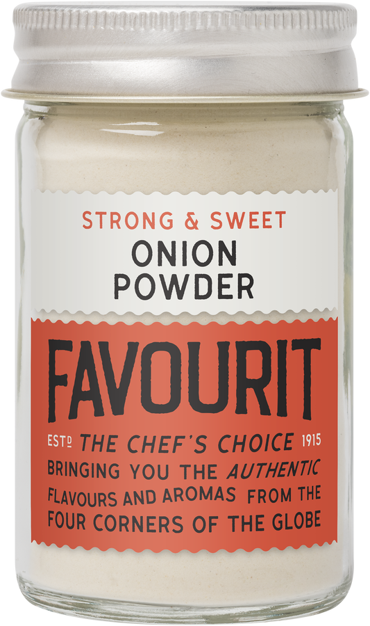 Glass jar labeled "Strong & Sweet Onion Powder, Favourit." Text mentions "The Chef's Choice," established 1915, with global flavors and aromas.