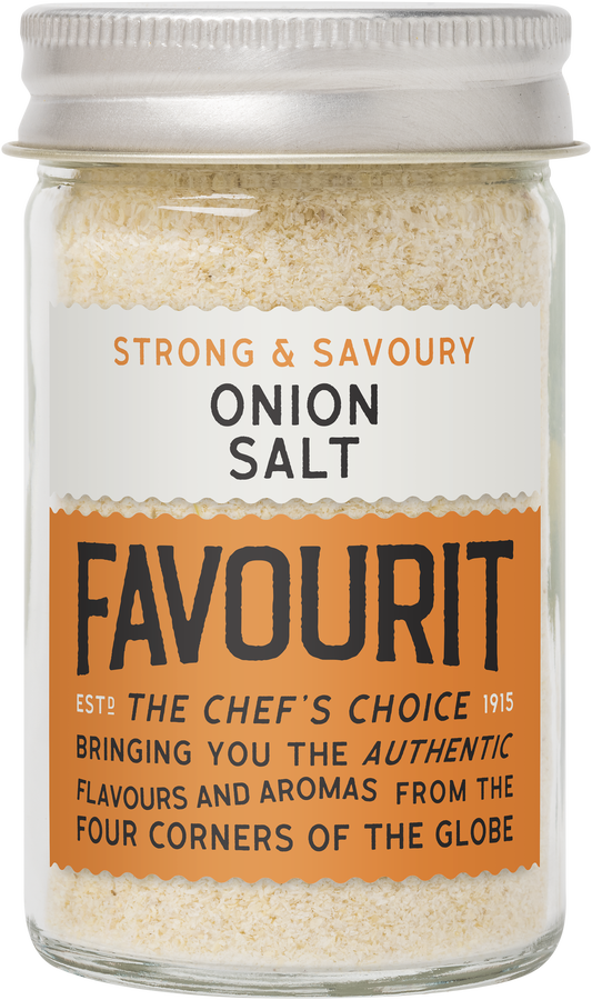 Jar of Favourit onion salt labeled "Strong & Savoury." Described as chef's choice with authentic flavors.