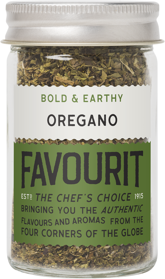 Glass jar of Favourit Bold & Earthy Oregano with green label, featuring text about authentic flavors and aromas from around the globe.