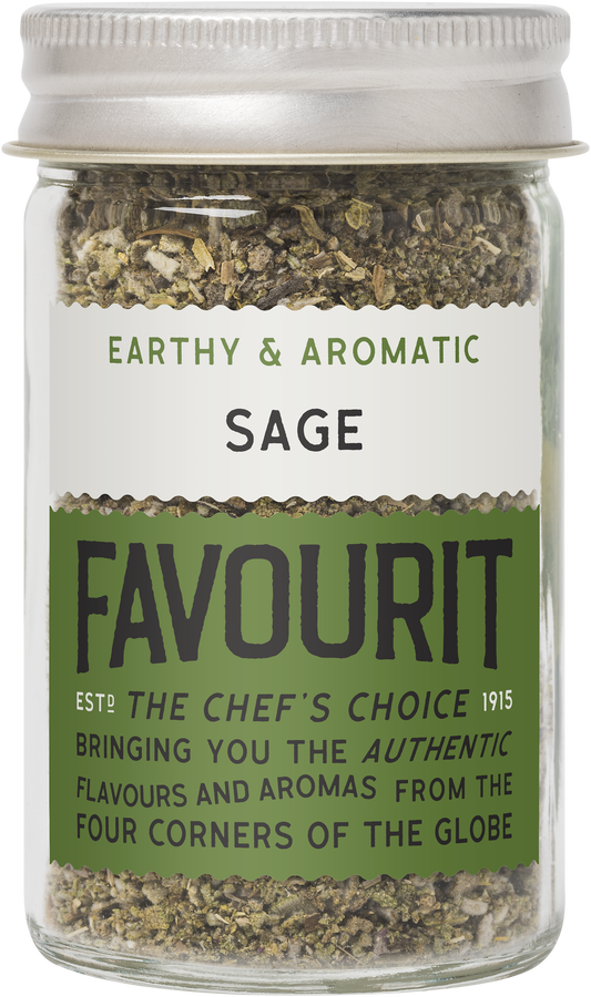 Jar of dried sage labeled "Earthy & Aromatic Sage" and "Favourit, the Chef's Choice, est. 1915".