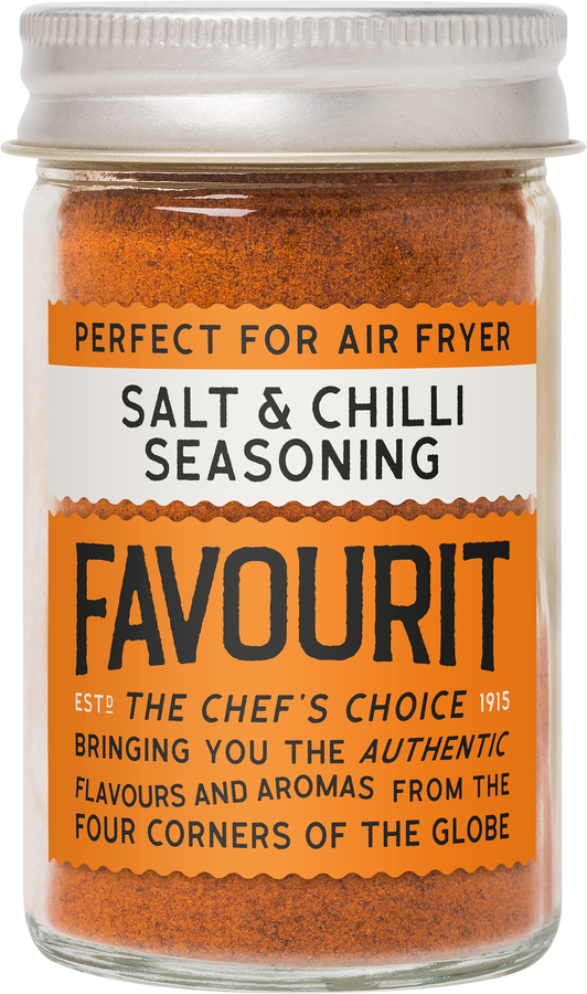 Jar of Favourit Salt & Chilli Seasoning, labeled "Perfect for Air Fryer" and "The Chef's Choice 1915." Orange label with white text detailing global flavors and aromas.