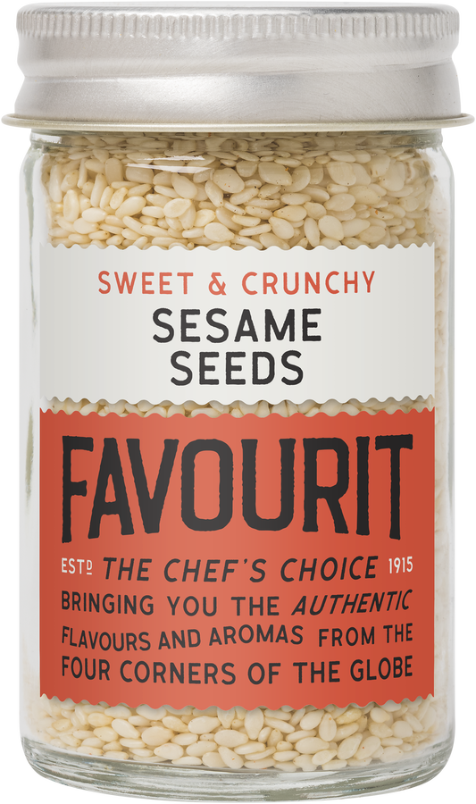 A jar of Favourit brand sesame seeds labeled as "Sweet & Crunchy" with "The Chef's Choice" and "Bringing You the Authentic Flavours and Aromas from the Four Corners of the Globe.