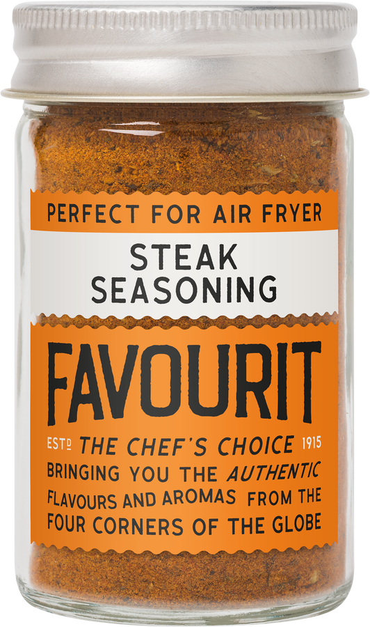 A jar labeled "Favourit Steak Seasoning" designed for air fryers, highlighting authentic flavors and aromas.