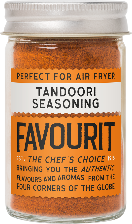 Jar of Favourit Tandoori Seasoning, labeled as perfect for air fryer. Orange and white label with text about authenticity and global flavors.