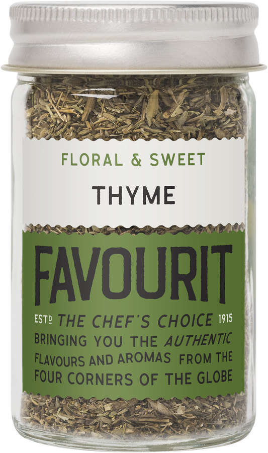A glass jar labeled "Floral & Sweet Thyme" with the brand name "Favourit" in green. The label mentions "The Chef's Choice" and highlights flavors from around the globe.