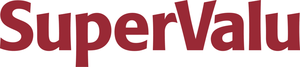 Logo featuring the word "SuperValu" in bold, maroon letters on a transparent background.