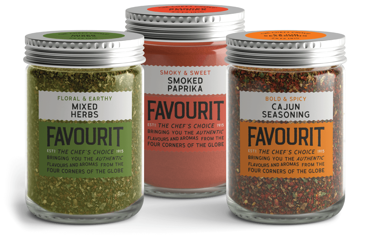 Three spice jars: Mixed Herbs, Smoked Paprika, and Cajun Seasoning with colorful labels.