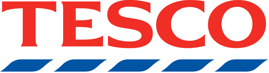 TESCO logo with red letters and a blue underline consisting of diagonal stripes.