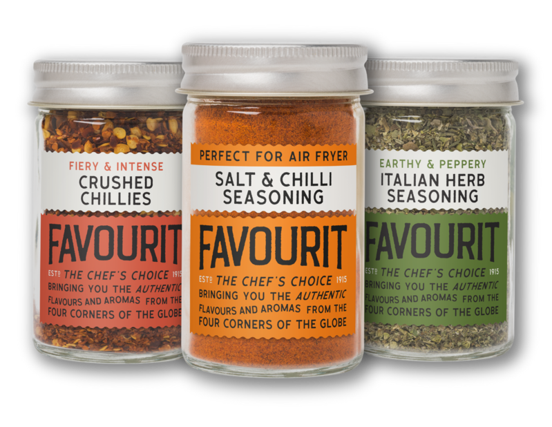 Three jars of Favourit seasoning: Crushed Chillies, Salt & Chilli, and Italian Herb. Each jar highlights its specific flavor profile and recommended use.